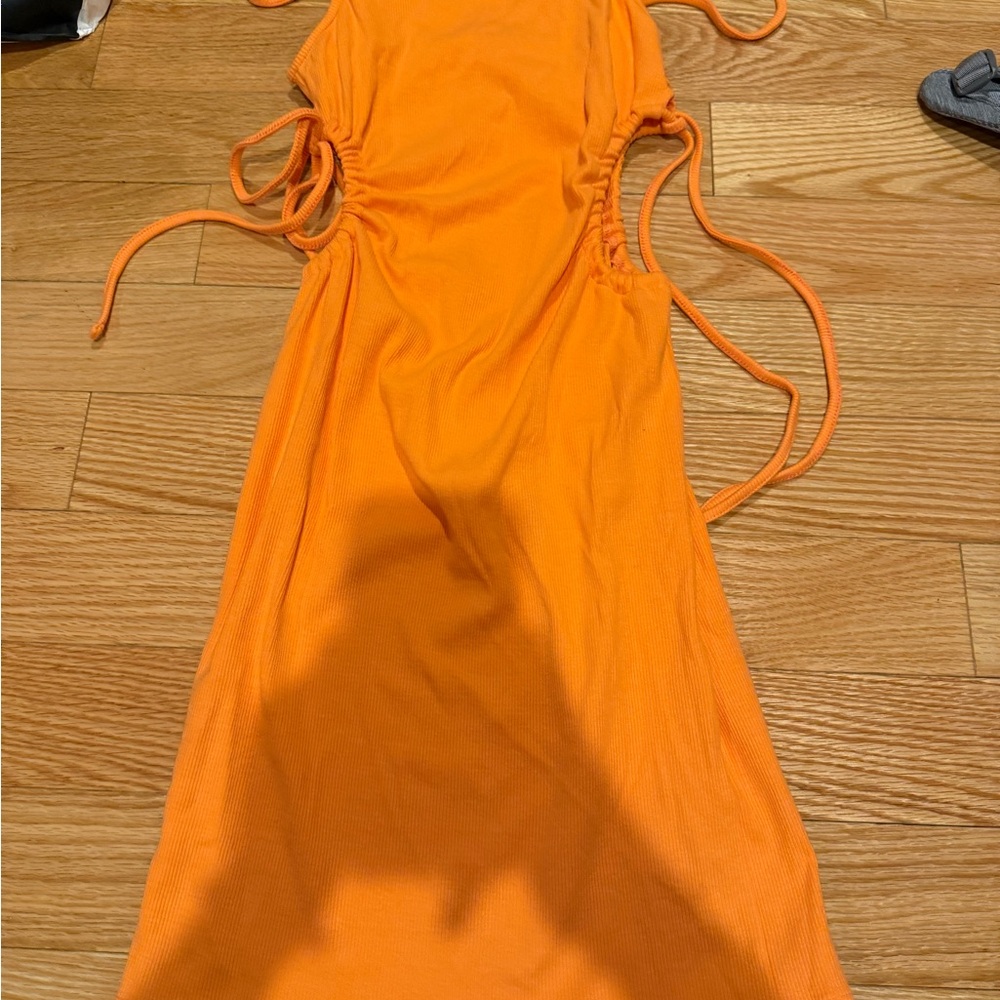 Zara Bright Orange Backless Side-Tie Ribbed Dress